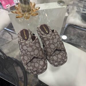 Coach Signature Logo Slip-On Mules in Brown & Cream